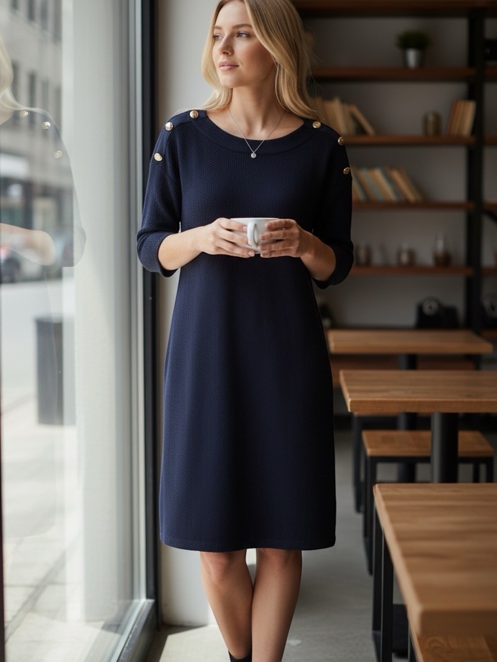 Talbots Navy Blue Sweater Dress with Button Accents